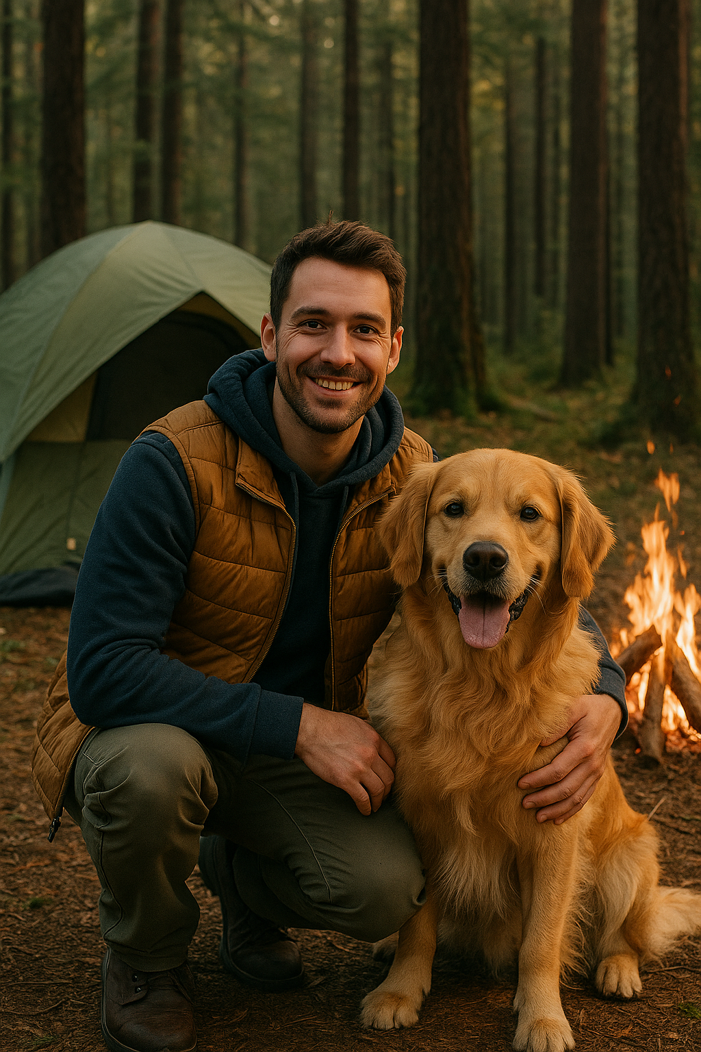 Chris Wilder and Beans camping