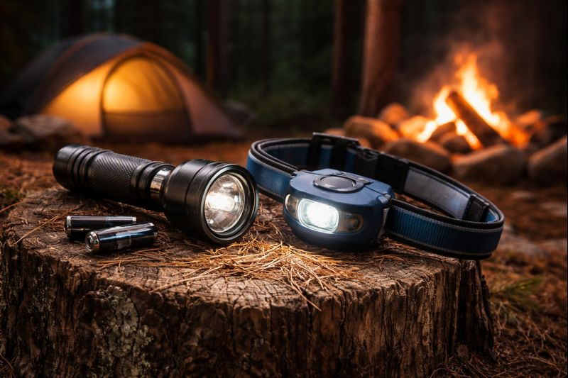 flashlight and headlamp next to a camp site