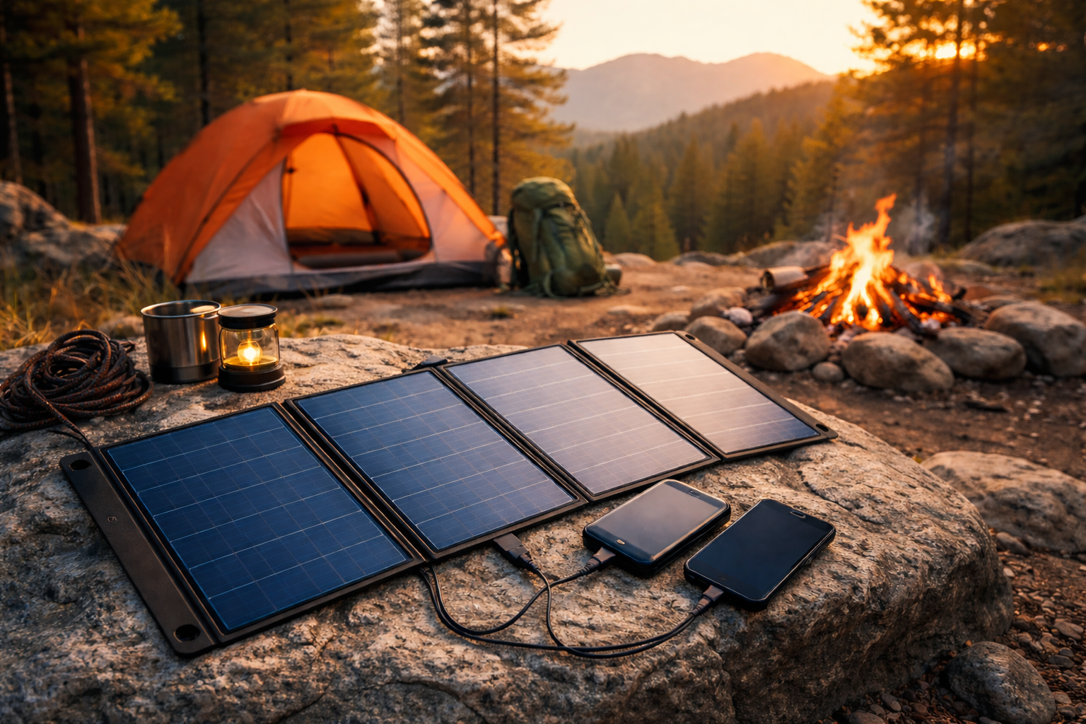 solar charger next to camp site
